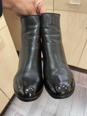 Black boots repair in the toe area. Previously was dull and full of scratches.