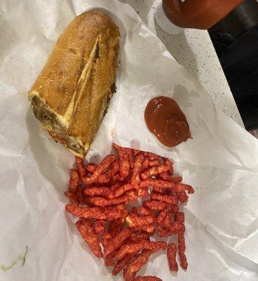 0. Philly Cheese Steak Sub and Hot Cheetos