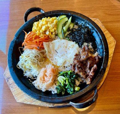 Dolsot Bibimbap w/ Galbi (an array of veggies and egg over a bed of rice) - Pre-Mixed!