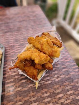 Captain's Combo and Chips - Fried Fish, Scallops, Shrimp, and Calamari.