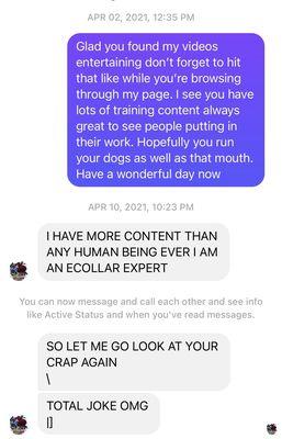 My reply to her after she went on a commenting spree on my work page