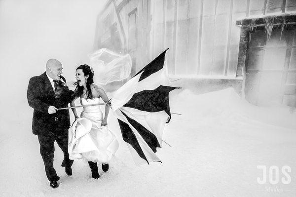 An unexpected gust of wind for a fun start to a wedding day atop Mt Hood at Silcox Hut at Timberline Lodge