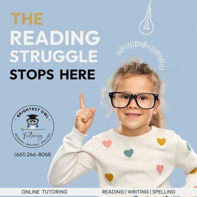 A student pointing to "the reading strugglel stops here" at Brightest Owl. Call today: (661) 246-8068.