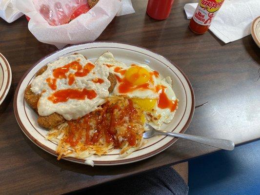 Chicken Fried Steak, hash browns, eggs