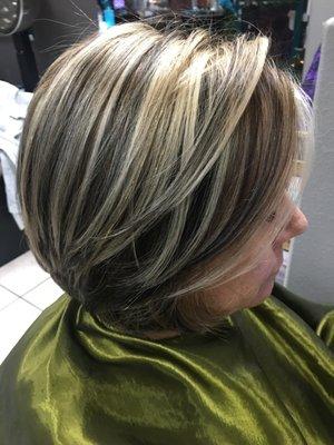 Love my new color thanks Roxy Women's Root Touch-up highlights and lowlights with precision haircut.