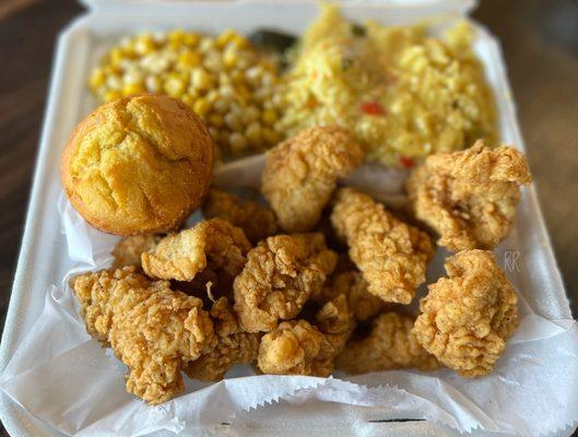 Catfish Nuggets, yellow rice w/ gravy, corn & cornbread muffin.