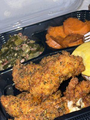 Lemon Pepper Tenders, Candied Yams, Collard Greens, and Cornbread Muffin