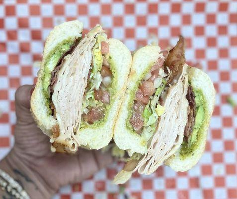 Sliced Everroast Chicken , Bacon and avocado : made with the bread scooped out & extra toasted