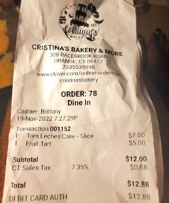 My receipt... $7 cake slice when menu says $5