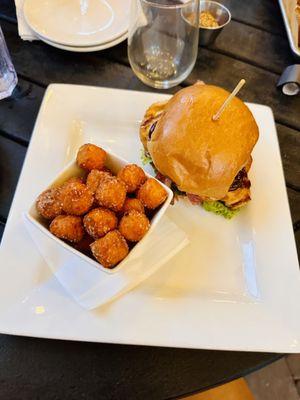 Dirty bird bbq sandwich with sweet potato tots