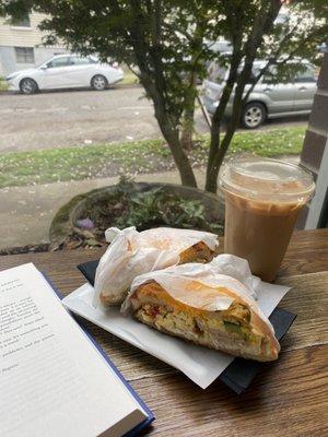 breakfast sandwich with turkey and iced oat milk latte