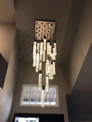 Here we installed a custom pendant on an 18 foot ceiling for a designer in Yorba Linda, CA