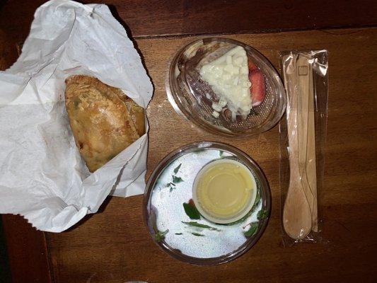 Chicken curry pastries, salad with a delicious dressing, and a fancy, layered dessert