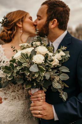 Hand Held Bouquet, white roses and eucalyptus