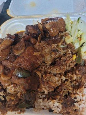 Oxtail, rice and peas, and bok choi