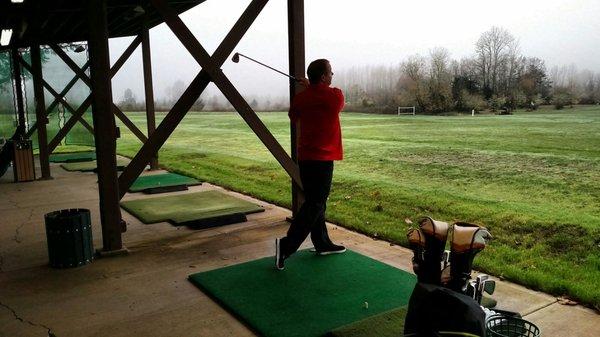 Covered driving range with beautiful scenery and reasonable prices.