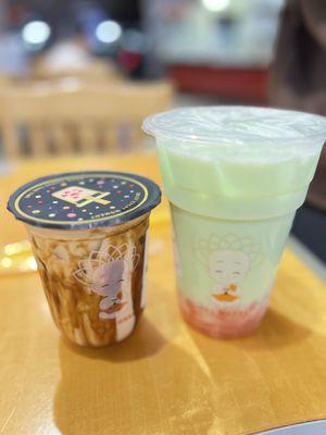 Tiger Milk Tea (left), Honeydew Fruitaro w/Cherry Blossom Boba (right)