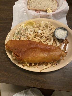 Fish fry, mac salad, cole slaw, fries.