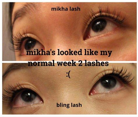 Both are post lash extension photos, with only a few hours post-op. mikha lash extensions look like week 2 extensions