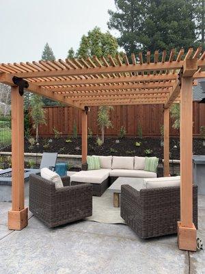 Beautiful new pergola with electrical for heaters and outdoor fan.