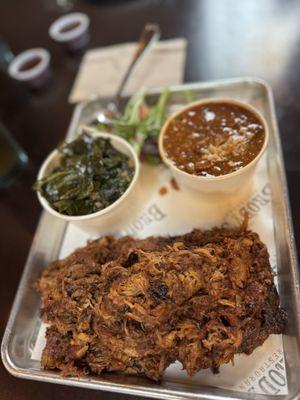 Pulled pork, greens, baked beans