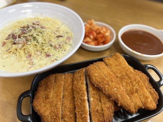 Carbonara Pasta + donkatsu