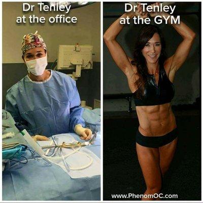 Dr Tenley in the operating room, Tenley in the gym