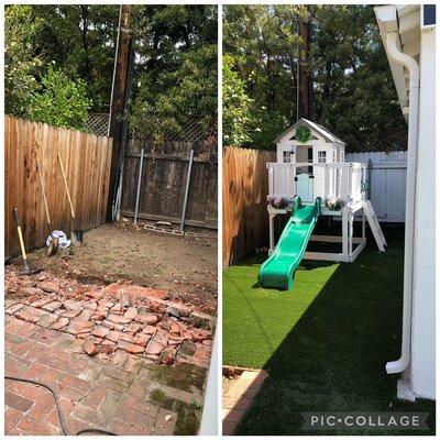 In this project, we removed brick pavers to install artificial turf. We also installed the customer's play set.