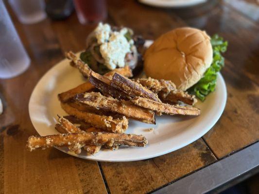 Coast Fork Feed (Bleu Cheese burger) and WOW status batter dipped sweet potato fries