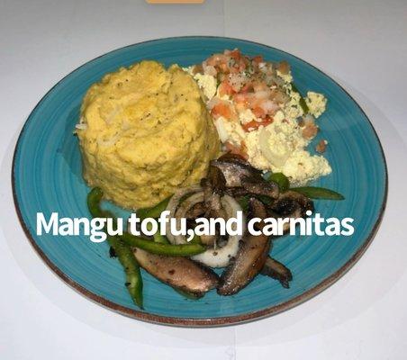 Mangu with tofu, and carnitas (mushroom)