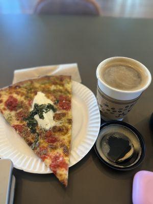 Round Margherita Pizza and oat milk latte