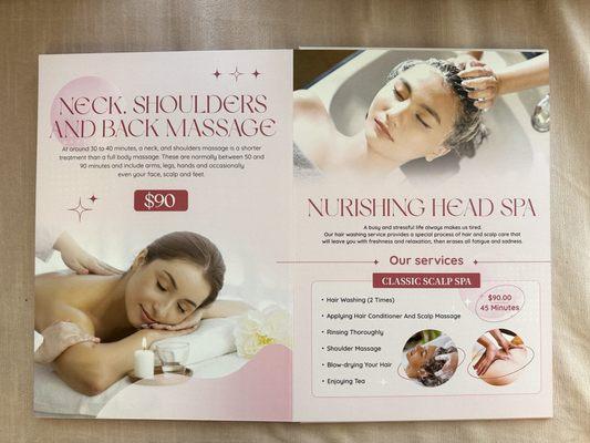 Massage & classic head spa pricing