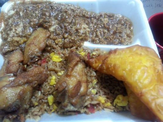 Lobster sauce with pork fried rice, chicken wings & crab rangoons