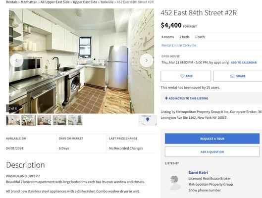 AI generated image being used in a scam listing on streeteasy by someone working at metropolitan property group