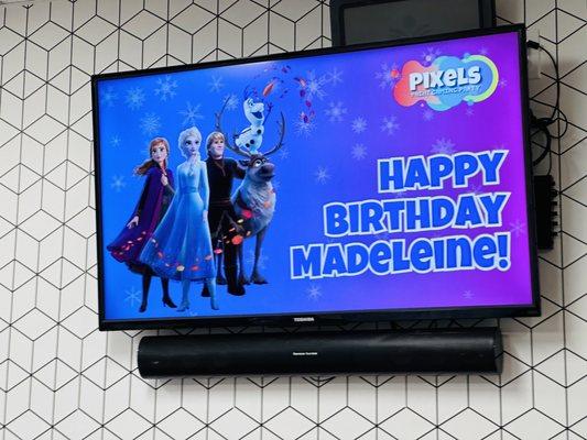 Pixels personalized birthday TV banner.