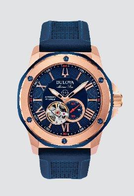 Men's Bulova rose gold, blue strap watch.