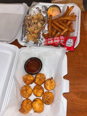 A15. House Crab Rangoon (8pc) A30. House Honey Pecan Shrimp with Cajun fries