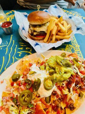 Mushroom Swiss burger and Nachos