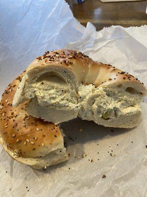 Everything bagel with olive cream cheese!