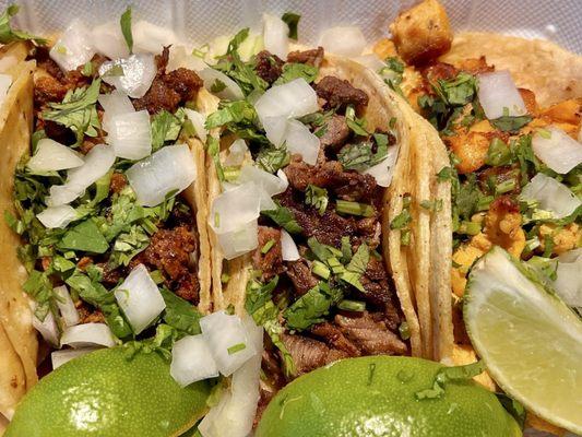 Al Pastor, Carne Asada, and Chicken Tacos. Al Pastor stood out for me because of its sweetness.