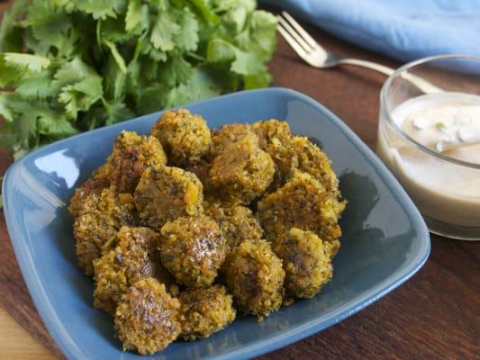 Falafel dough is a thick puree of sprouted chickpeas, onions, garlic, parsley, and mild but flavorful spices.