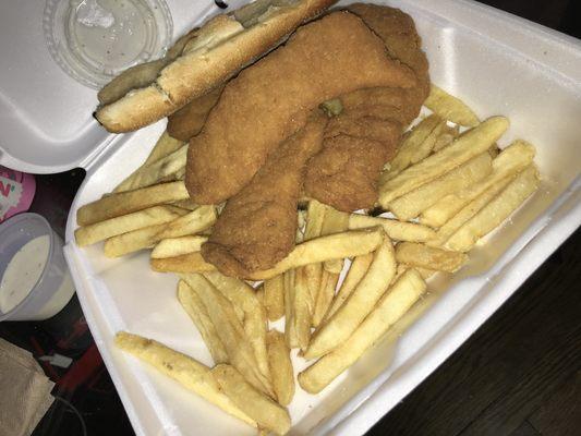 Chicken tenders and fries.