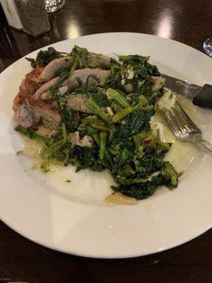 Grilled Pork Loin with sausage and broccoli rabe over mashed potatoes