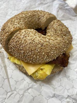 Bacon, egg and cheese on a Sesame Bagel