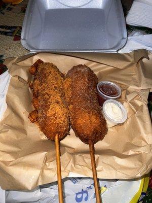 Left: Queso frito and chicharrones Right: Hotdog with regular breading