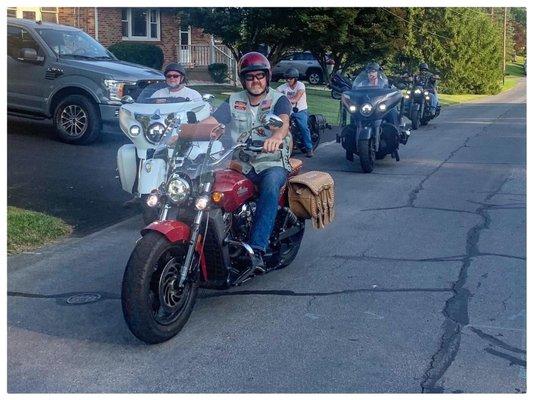 Chapter 2003 Past President's Indian Scout now ridden by the current President, Phillip Lipyanic. Also in photo: Bruce, Brian, Sheila, Ish.