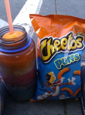 The purchase - Slurpee & Cheese Puffs. #OhThankHeaven #BYOCup #Arcadia #Slurpee #BrainFreeze #Cheetos