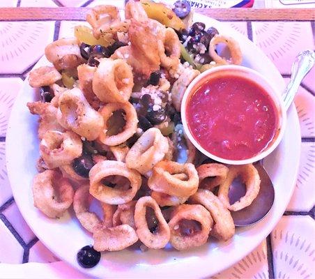 Deluxe Calamari: Fried Calamari, Garlic, Hot Peppers, Olives, Side of Marinara