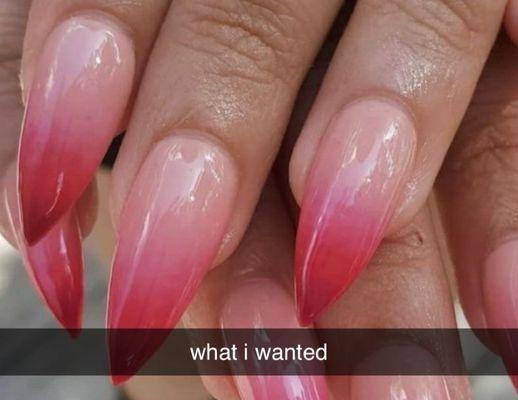 This is what i showed the nail tech who has "been doing this for 7 years" look to the next photo i got nothing like this.