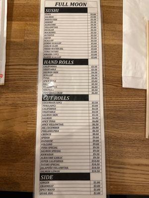 Roll Menu -- Good prices and lots of variety